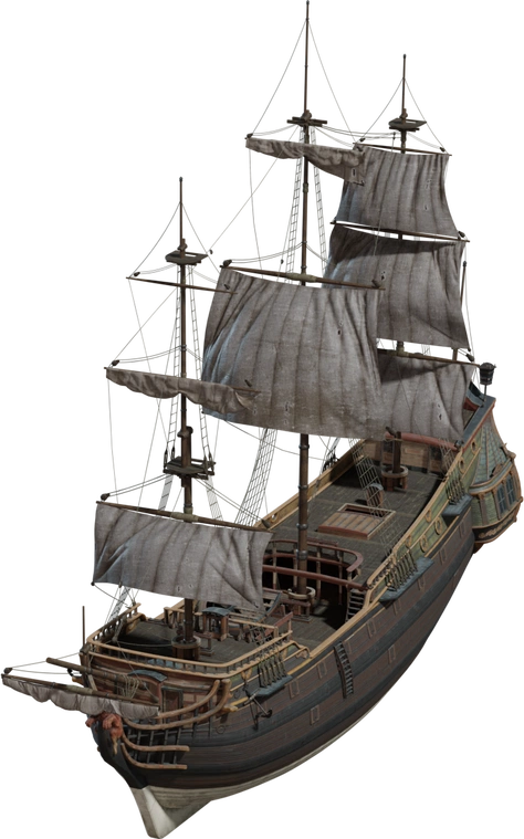 Free 4K model of a rigged wooden colonial pinnace - ornate, weathered hull, detailed rigging and sails, perfect for maritime, pirate, or historical scenes.