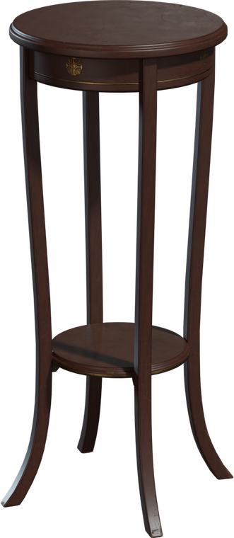 Free 8K model of a tall vintage wooden side table with slender curved legs, lower shelf and brass medallions - worn patina perfect for antique interiors.