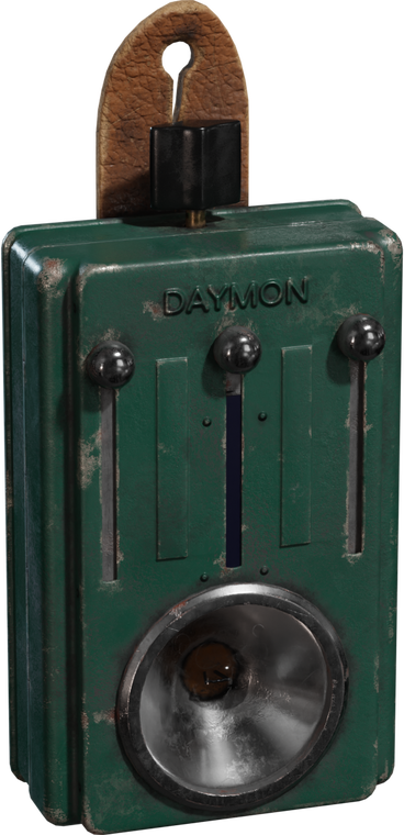 Free 4K model of a vintage 3 colour signal flashlight with worn green metal body, embossed DAYMON, three slider toggles, big dulled reflector, and cracked leather loop.
