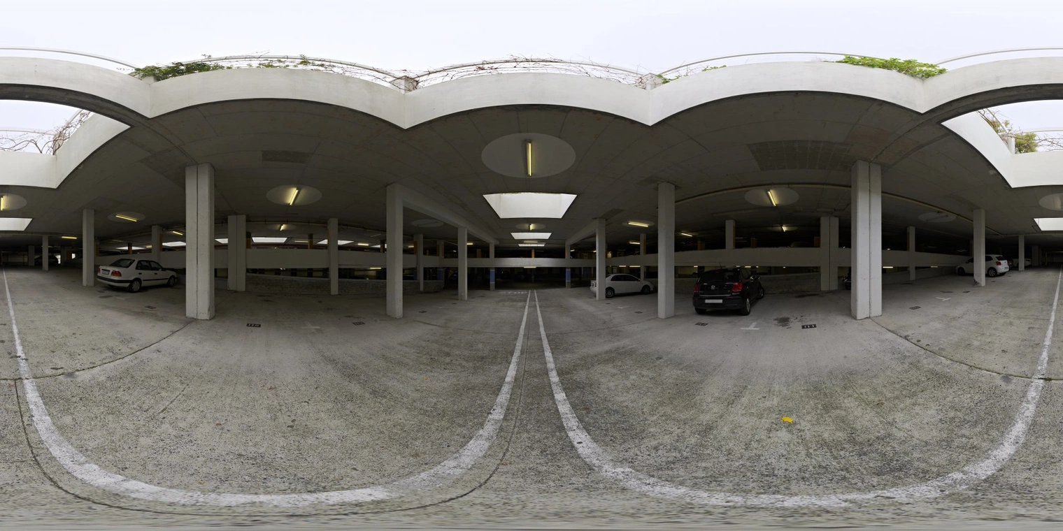 Free 16K unclipped HDRI of a skylit concrete parking garage, cool diffuse natural daylight with medium contrast, soft roof-slit highlights and muted shadowed interiors.