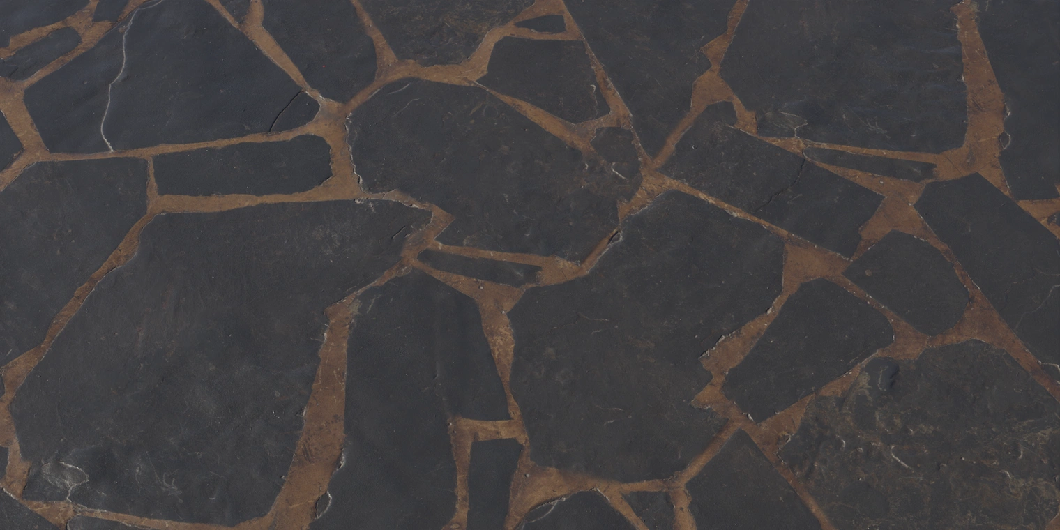 Free 8K texture of dark slate slab tiles with brown mortar; smooth, slightly worn stone with a low-gloss, reflective finish.