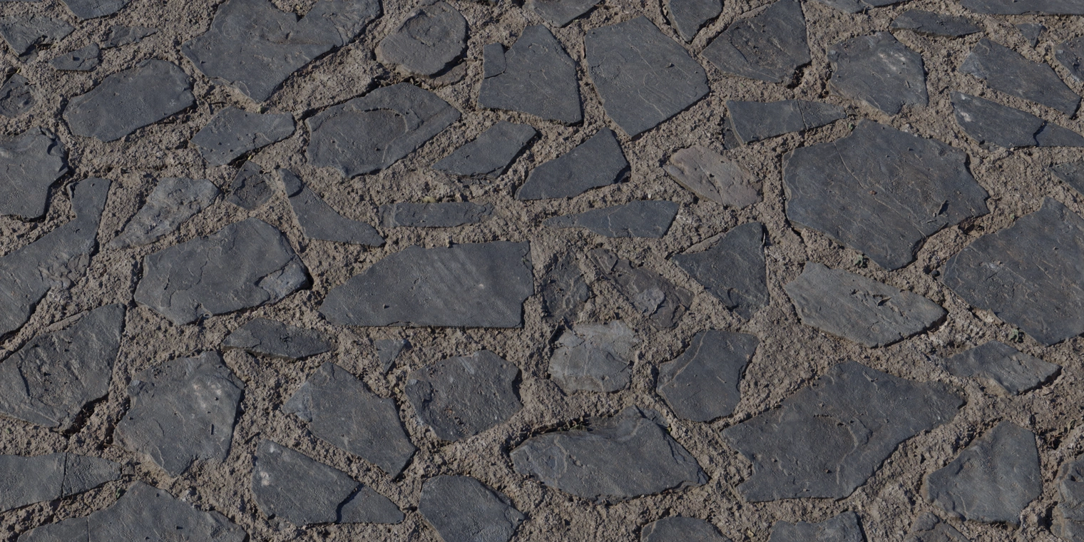 Free 8K texture of a worn slate driveway: dark irregular slate slabs set in rough, cracked cement mortar with weathered edges and soil-filled joints.