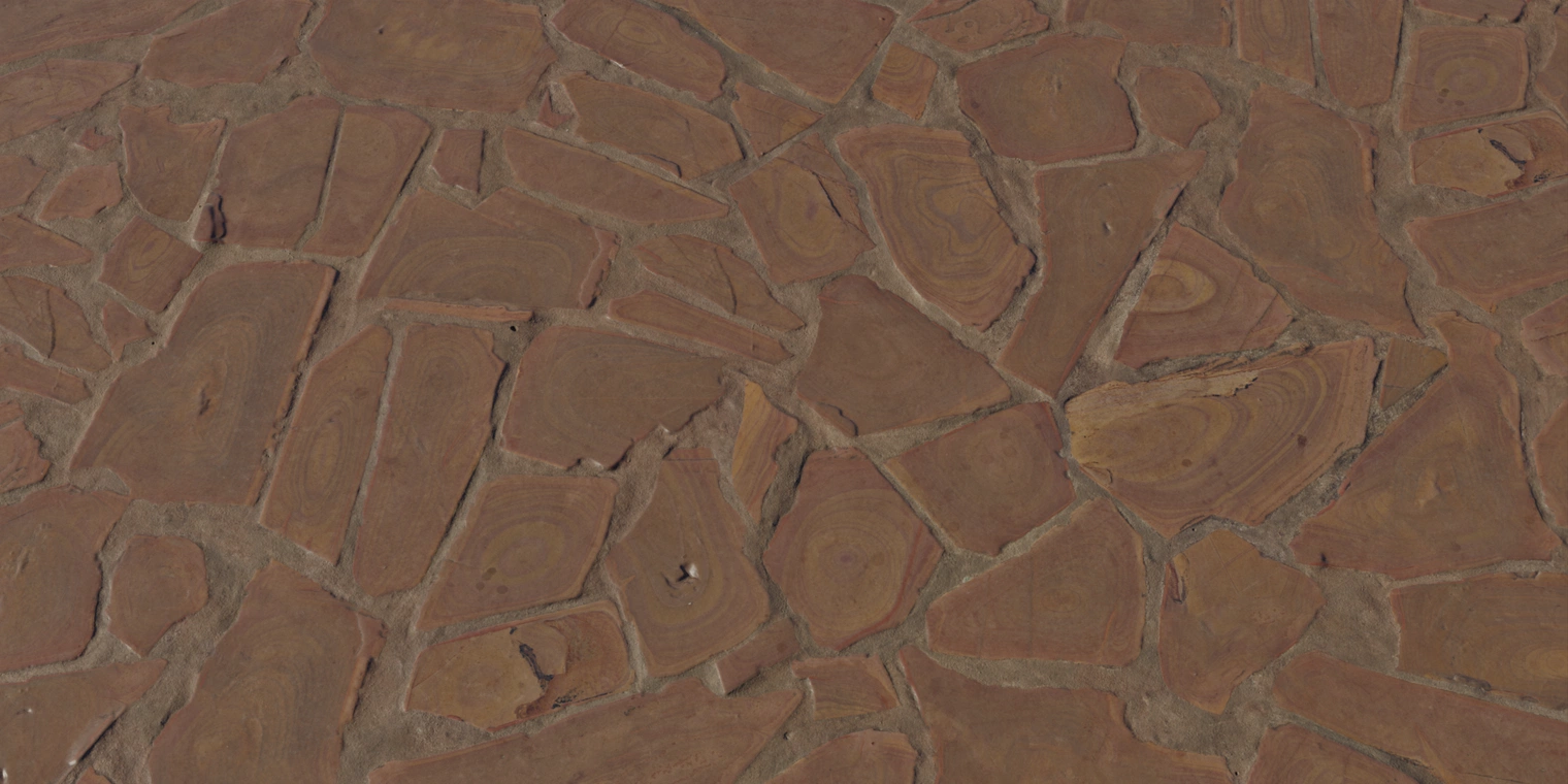 Free 8K texture of weathered reddish-brown slate floor with irregular stone slabs, worn edges, mortar joints and subtle glossy wear that reveals natural veining.