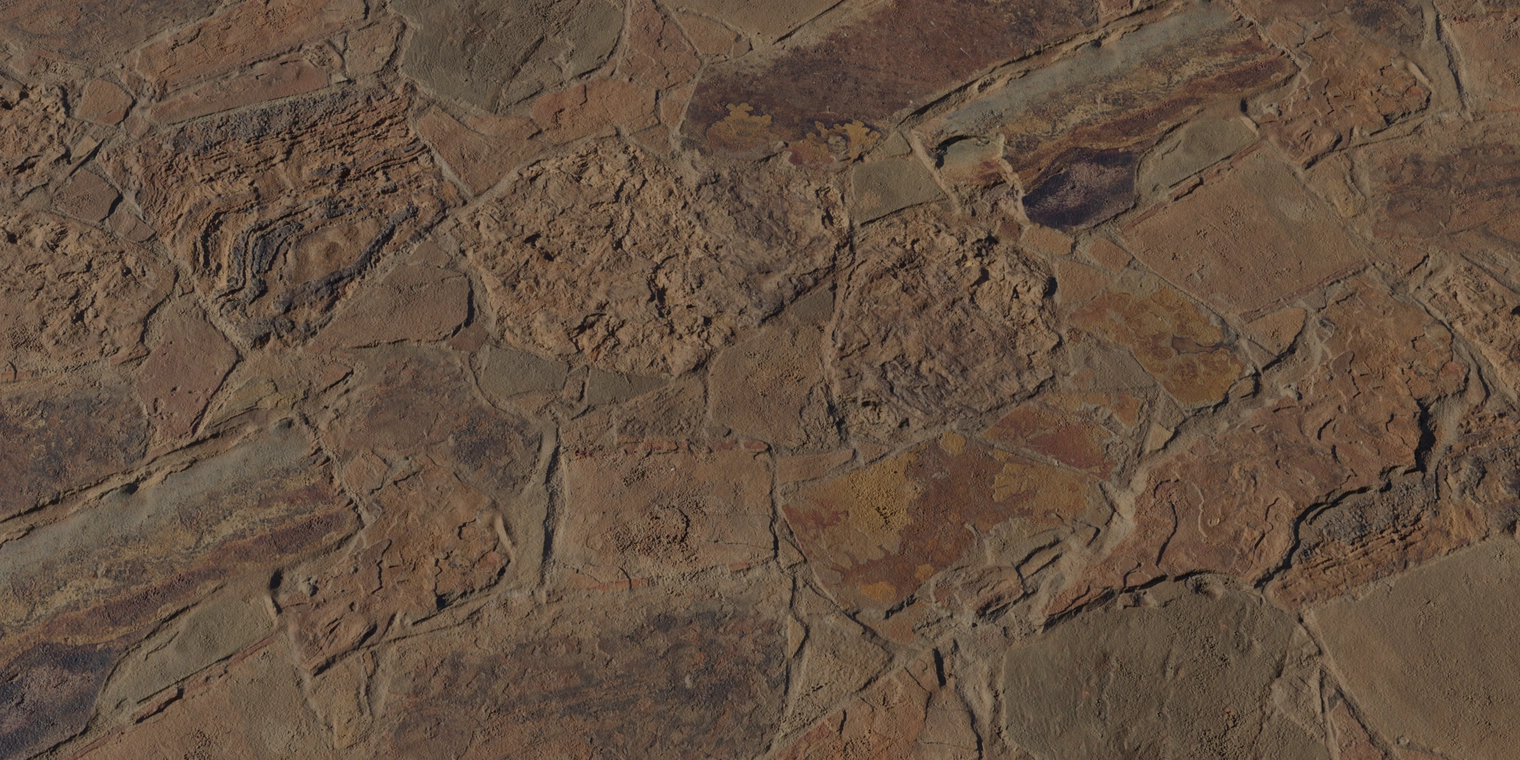 Free 8K slate floor texture with worn, rustic stone tiles, rough relief and patched mosaic look - ideal for vintage indoor flooring.