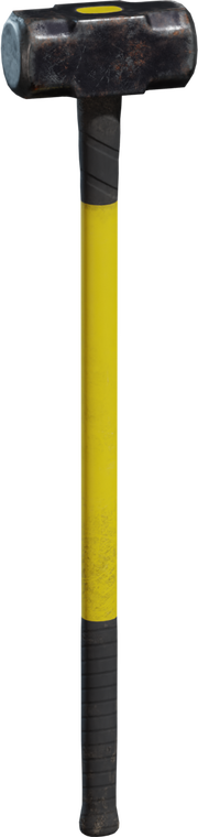 Free 8K sledgehammer model with battered steel head, chipped yellow fiberglass handle and textured rubber grip, conveying heavy, weathered industrial character.