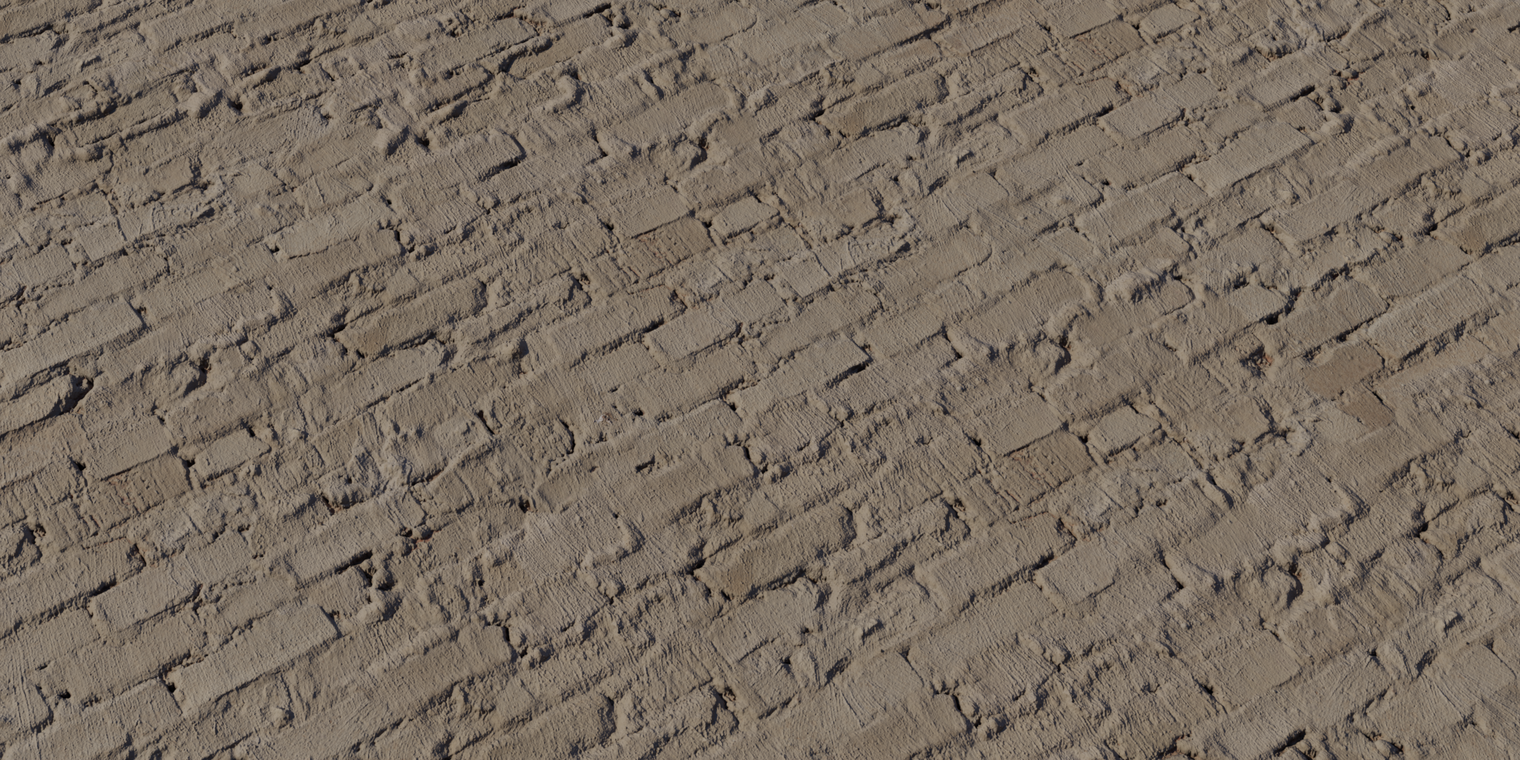 Free 8K slumped mortar brick material: dusty tan painted wall with softened bricks, loose mortar ridges, rough matte finish, chips and shallow cracks.