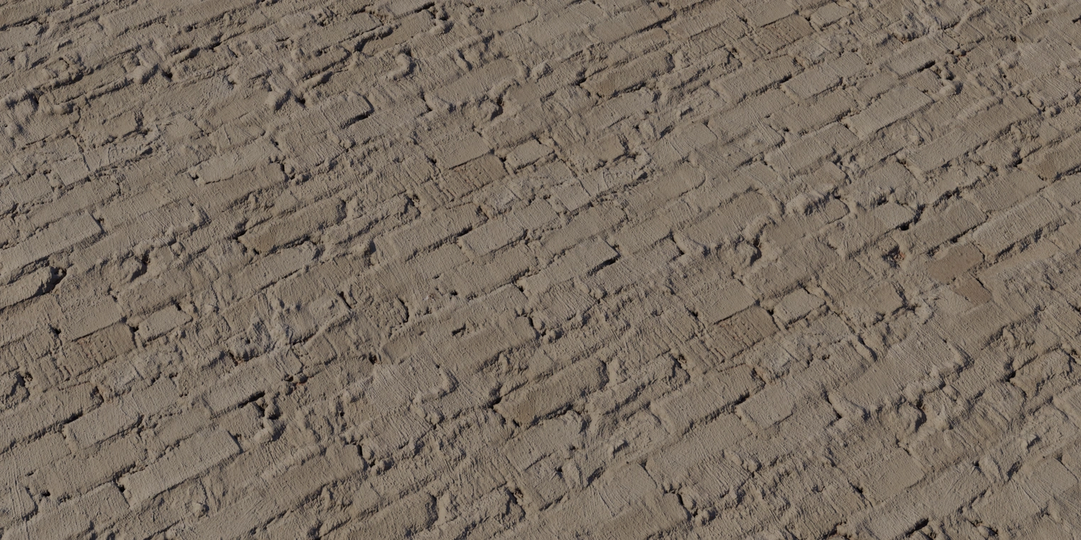 Free 8K slumped mortar brick material: dusty tan painted wall with softened bricks, loose mortar ridges, rough matte finish, chips and shallow cracks.