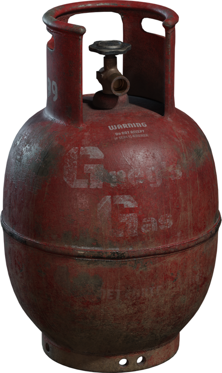 Free 4k model of a small LPG cylinder: worn red metal with scratched, chipped paint, welded seams, corroded valve, realistic industrial detailing.