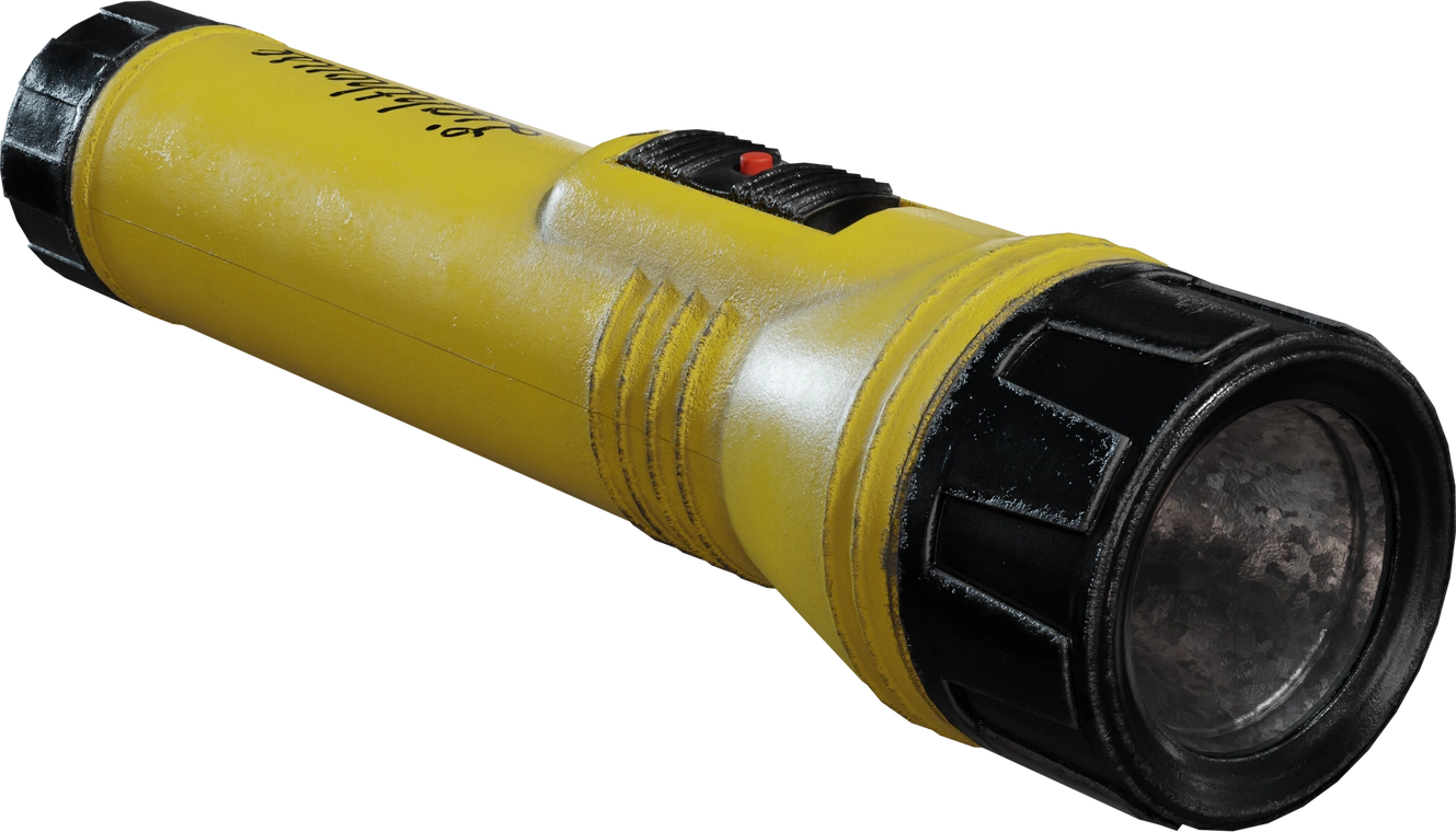 Free 4K model of a small yellow plastic torch with black end caps, red slider switch, molded grips and scuffed, chipped wear, clear lens and reflector.