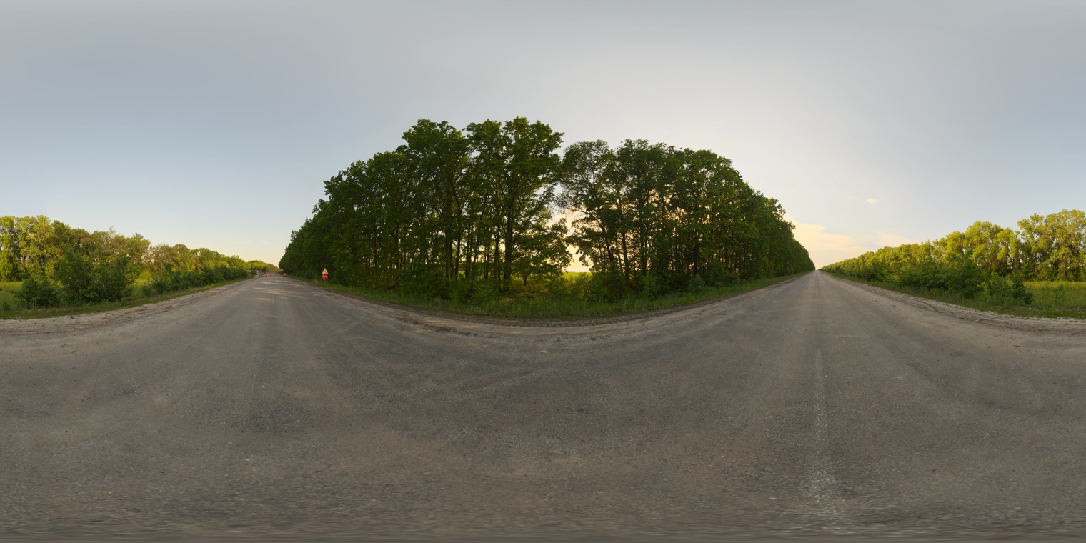 Unclipped, free 16K HDRI of a straight rural road flanked by trees and fields at golden-hour sunrise - clear sky, soft low-contrast natural light.