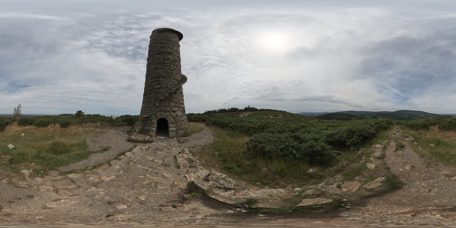 Free 20K HDRI, unclipped. Midday, partly cloudy hilltop with a ruined stone smelting tower; strong directional sun, high-contrast natural light and backplates.