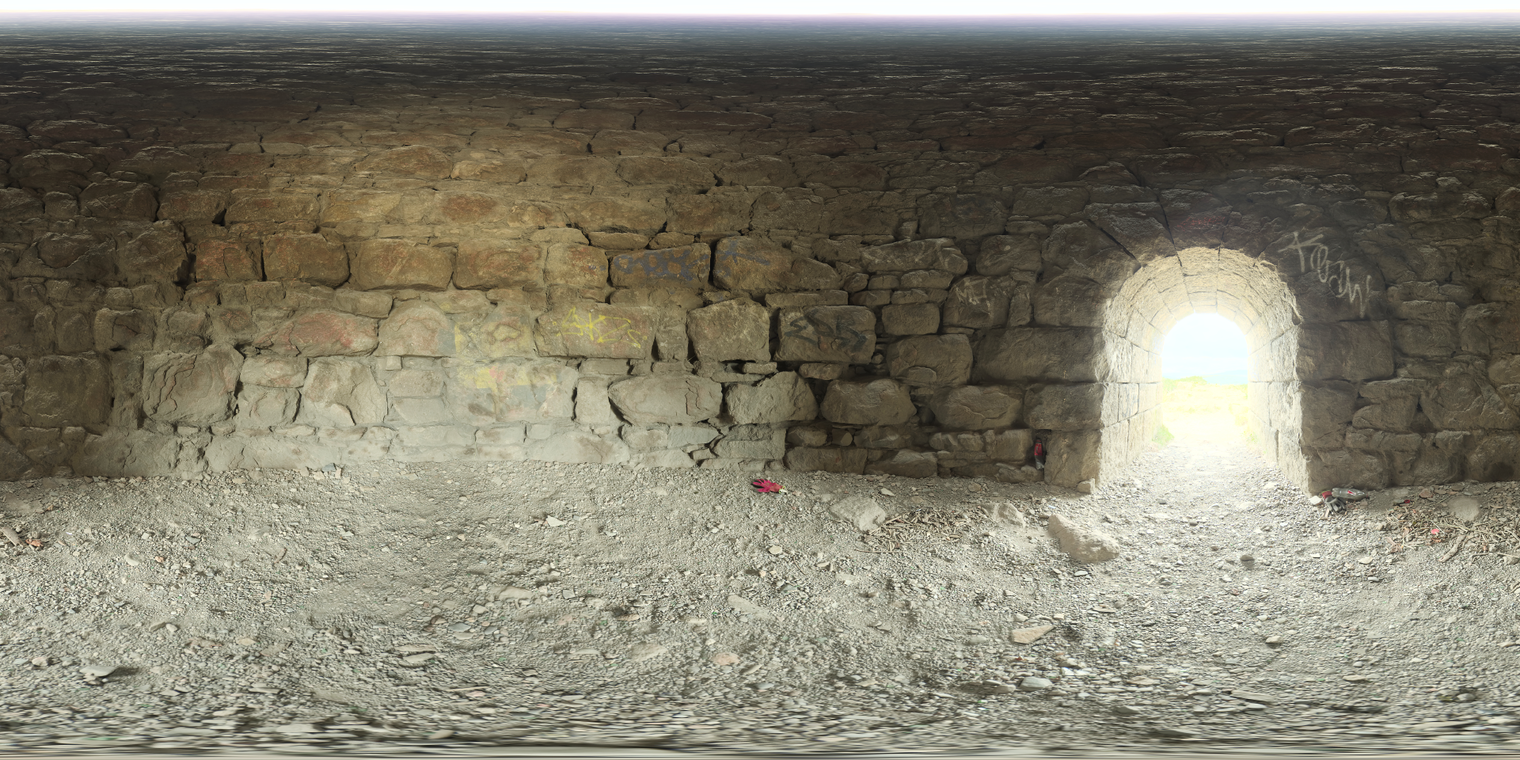 Free 16K unclipped HDRI: smelting tower interior with high-contrast sunlight through an arched doorway on weathered stone, perfect for moody ruin lighting.