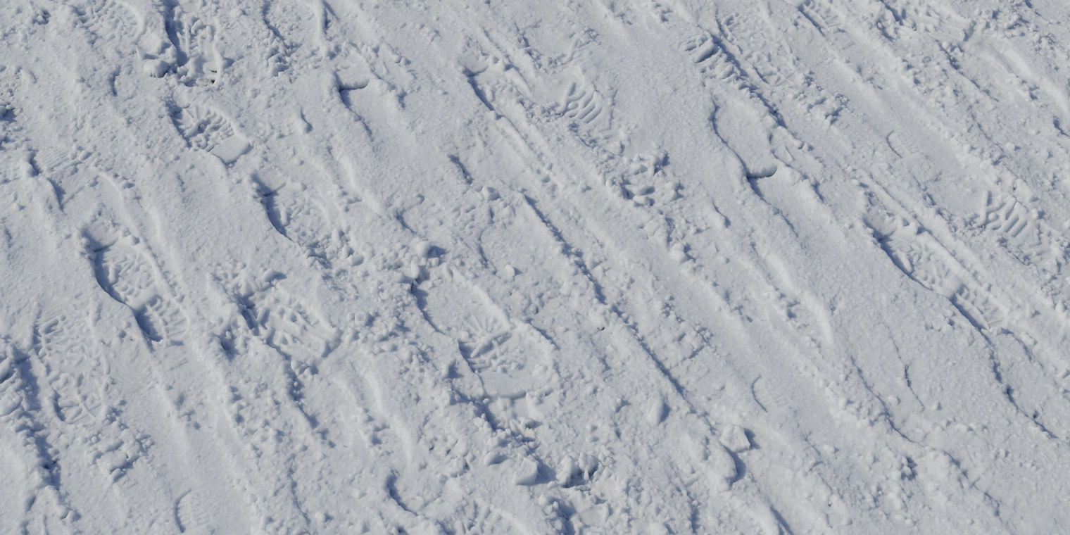 Free 8K texture of powdery, uneven snow with footprints and trail ruts, showing rough granular surface, compacted furrows, and subtle wind-blown detail.