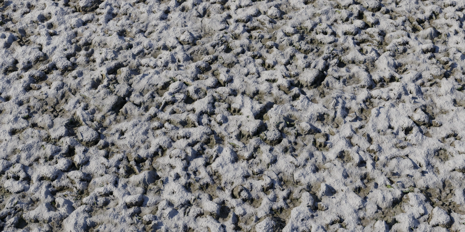 Free 8K texture of uneven, trampled snow with a rough, clumped surface, muddy soil showing through and subtle grass debris.