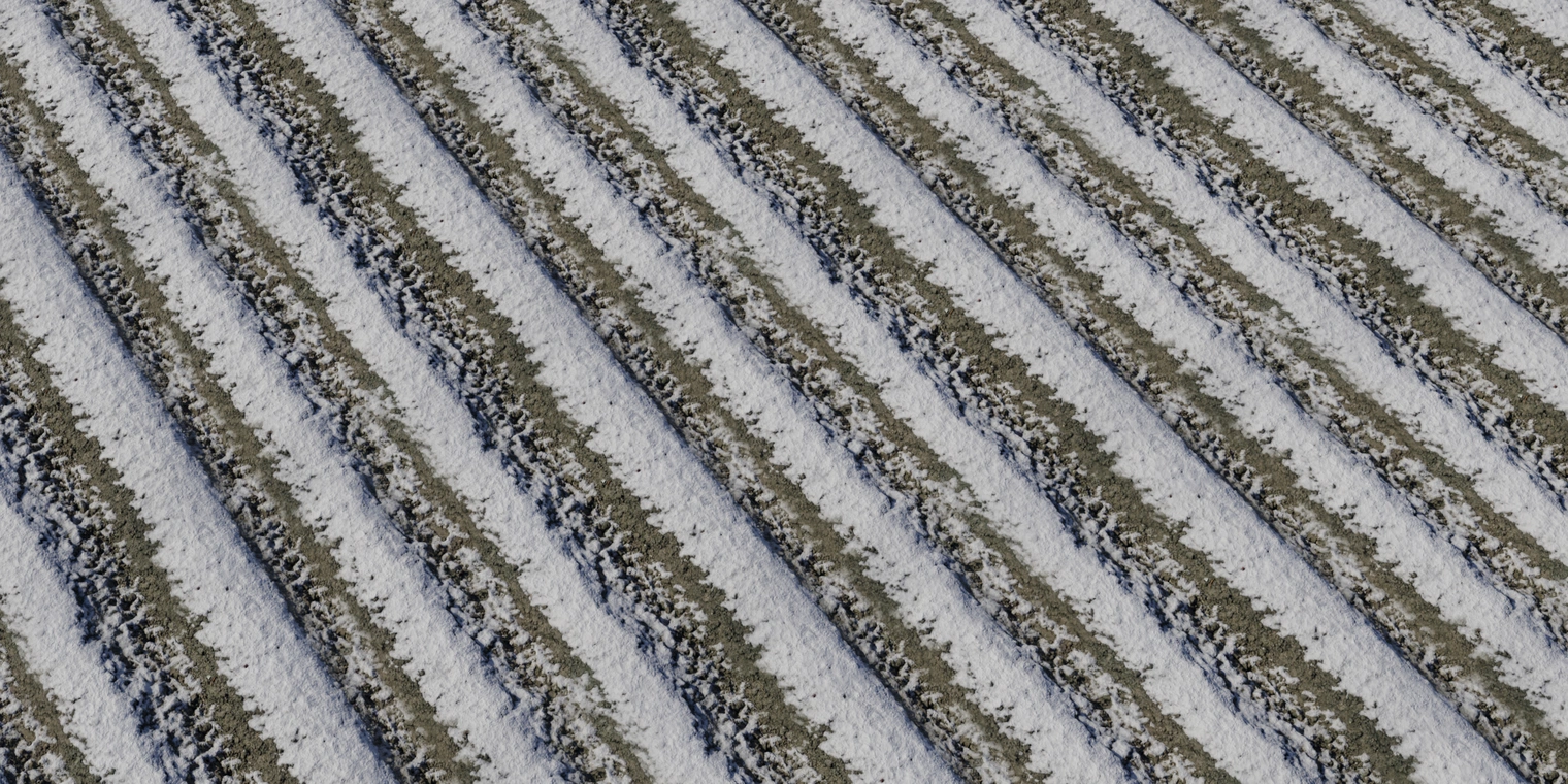 Free 8K texture of rough, uneven field snow with muddy furrows - coarse, clumped snow ridges revealing dark soil streaks.