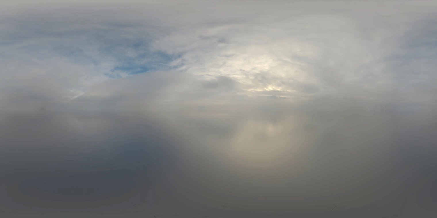Free 16K unclipped HDRI: soft, low-contrast overcast morning light with a faint sun break and cool blue patch, subtle diffuse illumination over a snow field.