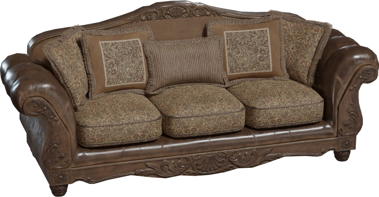 Free 8K model of a vintage Victorian leather sofa with carved wooden frame, scrolled arms, patterned fringe cushions and rich antique brown finish.