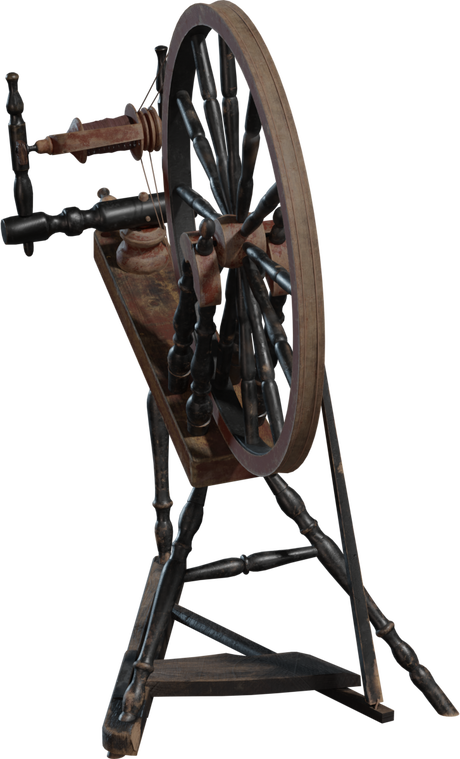 Free 8K model of a vintage Victorian wooden spinning wheel, with turned legs, spoked wheel, bobbin and worn paint patina, detailed aged wood and metal.