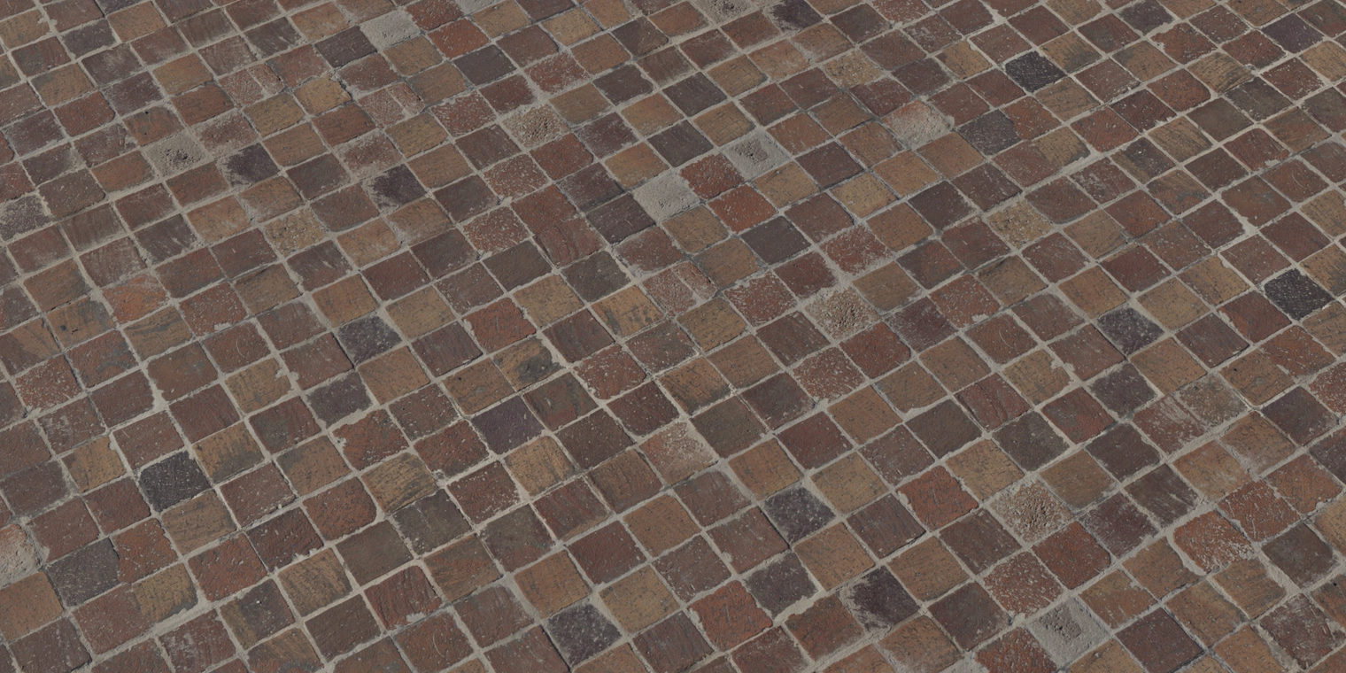 Free 8K texture of a weathered square brick floor: small red-brown tiles with worn edges, subtle gloss, rough grout and scattered cement patches.