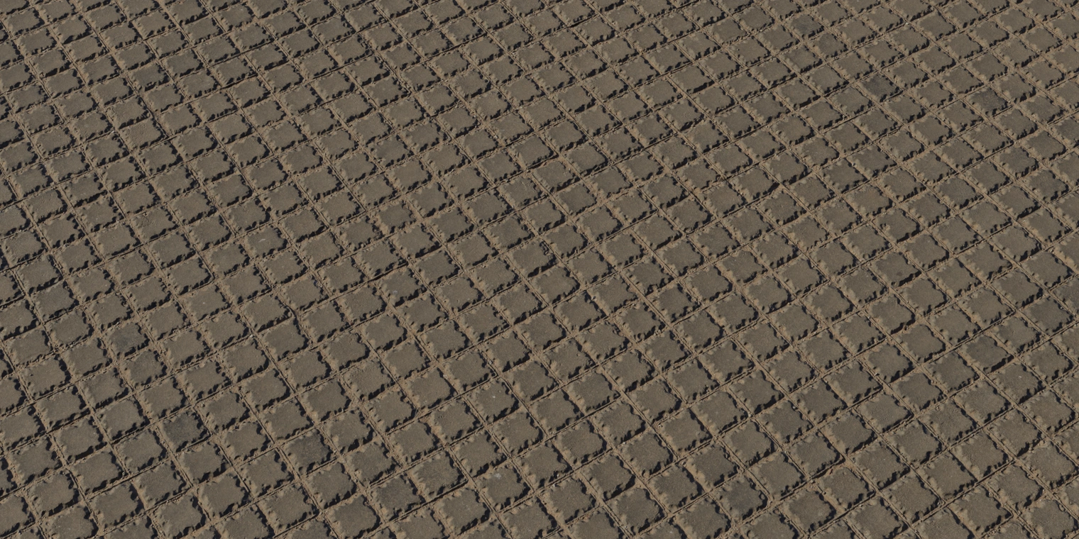Free 8K texture: weathered square brick paving with rough, chipped edges, recessed grout lines, subtle height variation and dirt-stained dark brown tones.