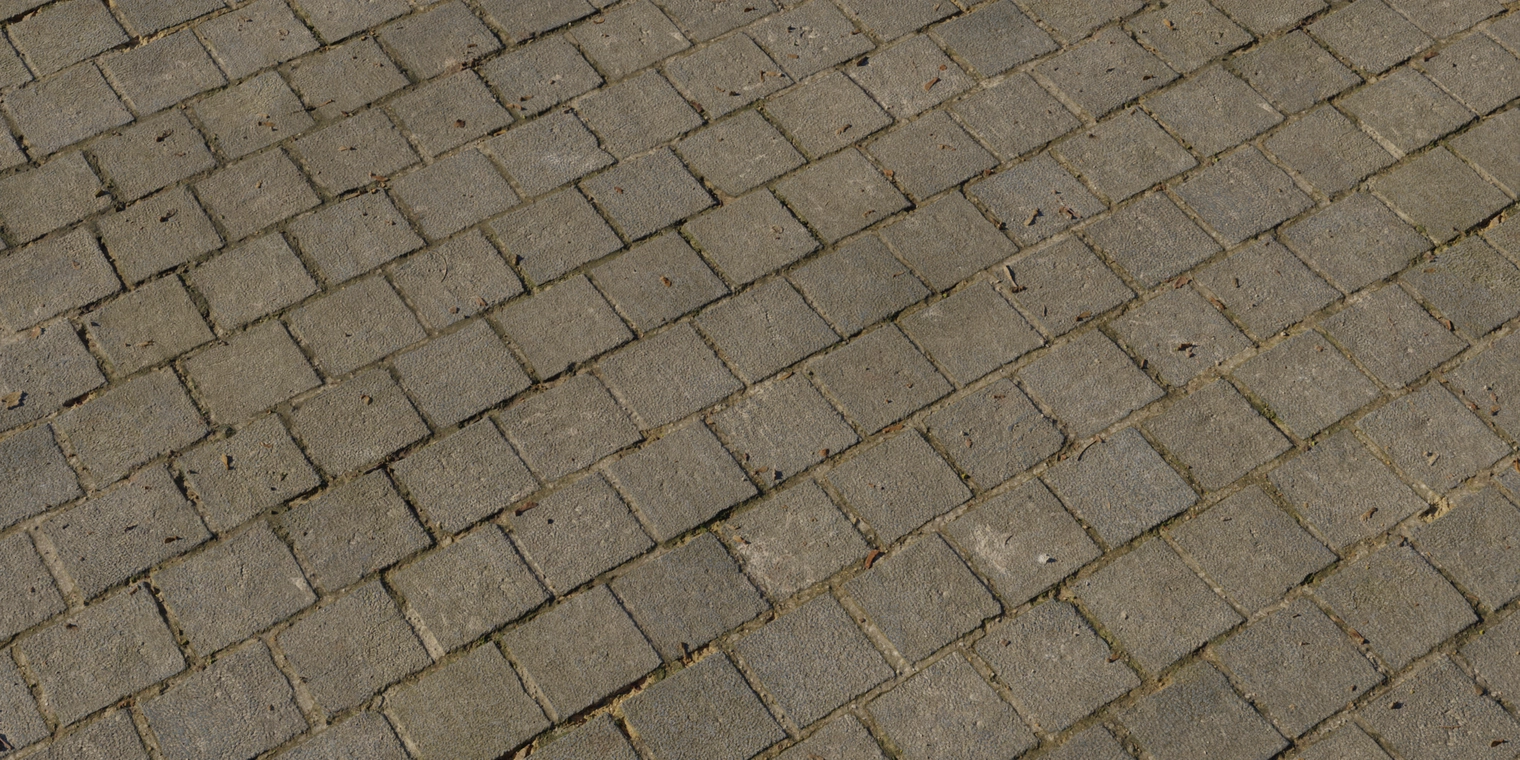 Free 8K cobblestone texture showcasing grey, weathered concrete squares with chipped edges, dry dirt in joints, subtle discoloration and worn surface details.