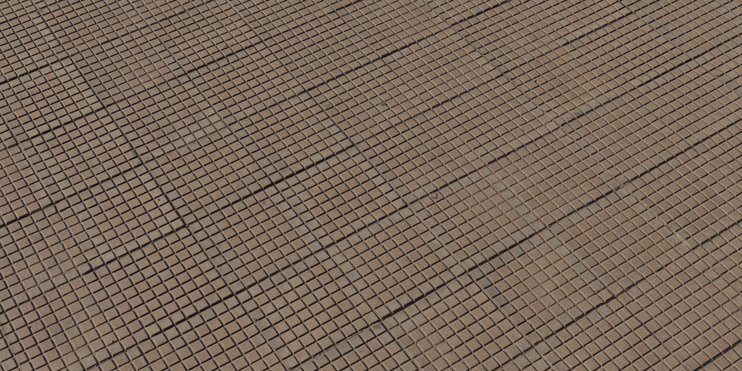 Free 8K texture of brown weathered square concrete pavers with a tight grid pattern, shallow grout lines, worn edges and subtle dirt on a rough matte cement surface.