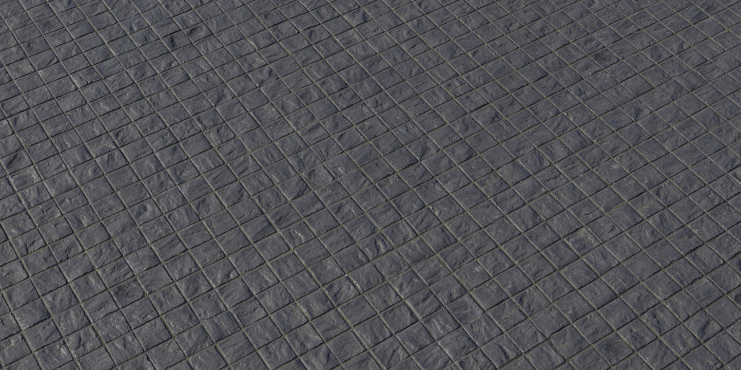 Free 8K texture of dark stone square tiles with subtle roughness, shallow grout lines and a low glossy sheen, clean and slightly worn surface.