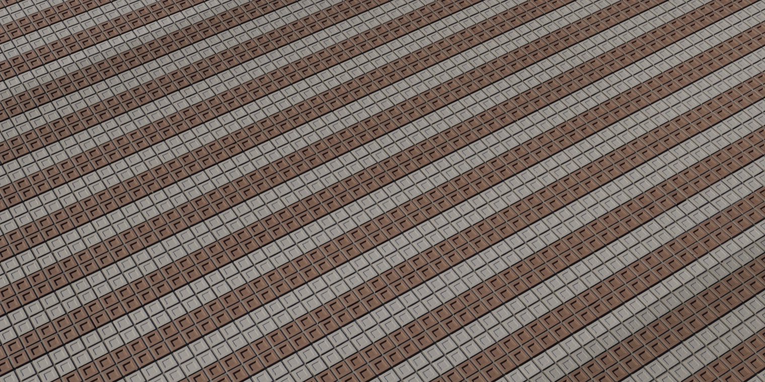Free 8K texture of patterned square brick tiles in alternating brown and light-gray bands, recessed centers, matte rough surface with subtle weathering.