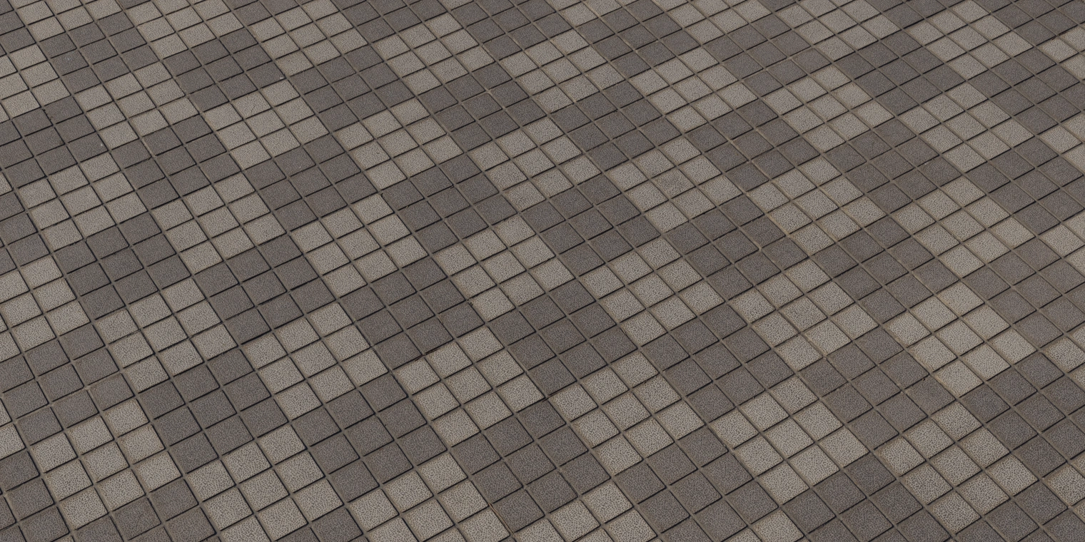 Free 8K texture of rough square concrete tiles with tight grout lines, matte porous surface and worn dirt stains on patterned urban pavers.
