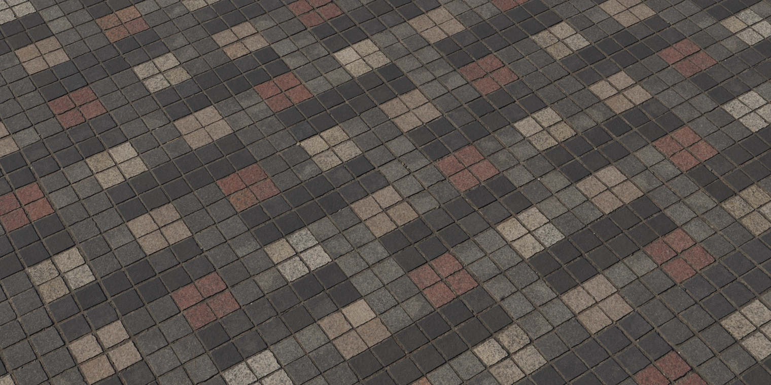 Free 8K texture of rough, uneven outdoor square tiles in muted reds, beiges and charcoals, with recessed grout, worn edges and a coarse, stone-like surface.