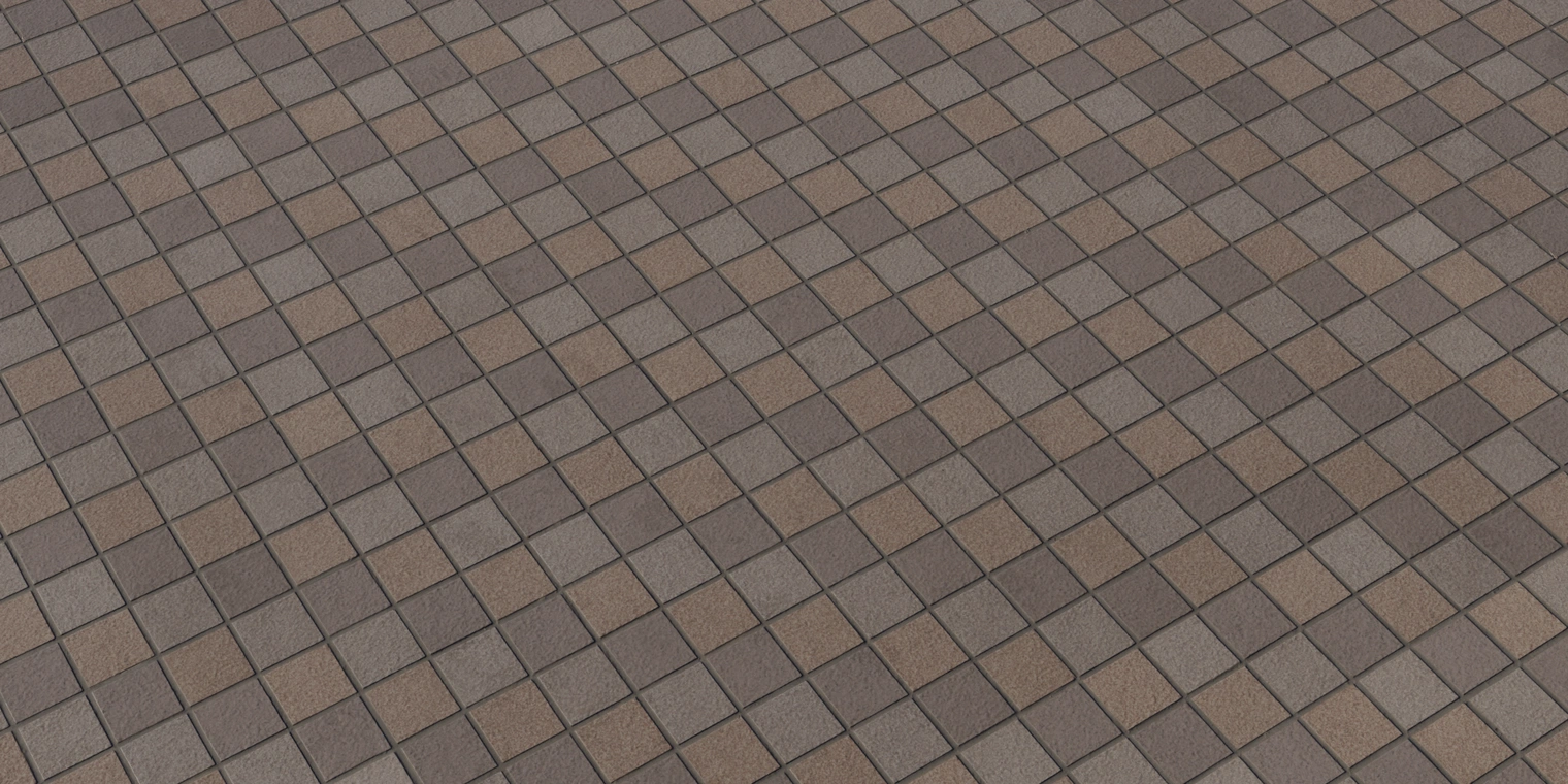 Free 8K texture: varied brown square stone tiles with thin dark grout, subtle rough surface and mild specular sheen for outdoor paving.
