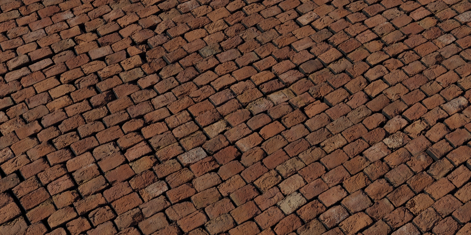 Free 8K texture of a stacked brick wall with rough, weathered blocks, chipped edges, deep joints, rich red-brown color variation and dirt stains.