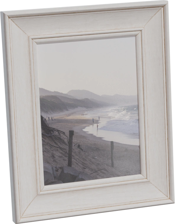 Free 8K standing wooden picture frame model with whitewashed, gently worn moulding and classic bevel - ideal for vintage photos or paintings in decorative scenes.