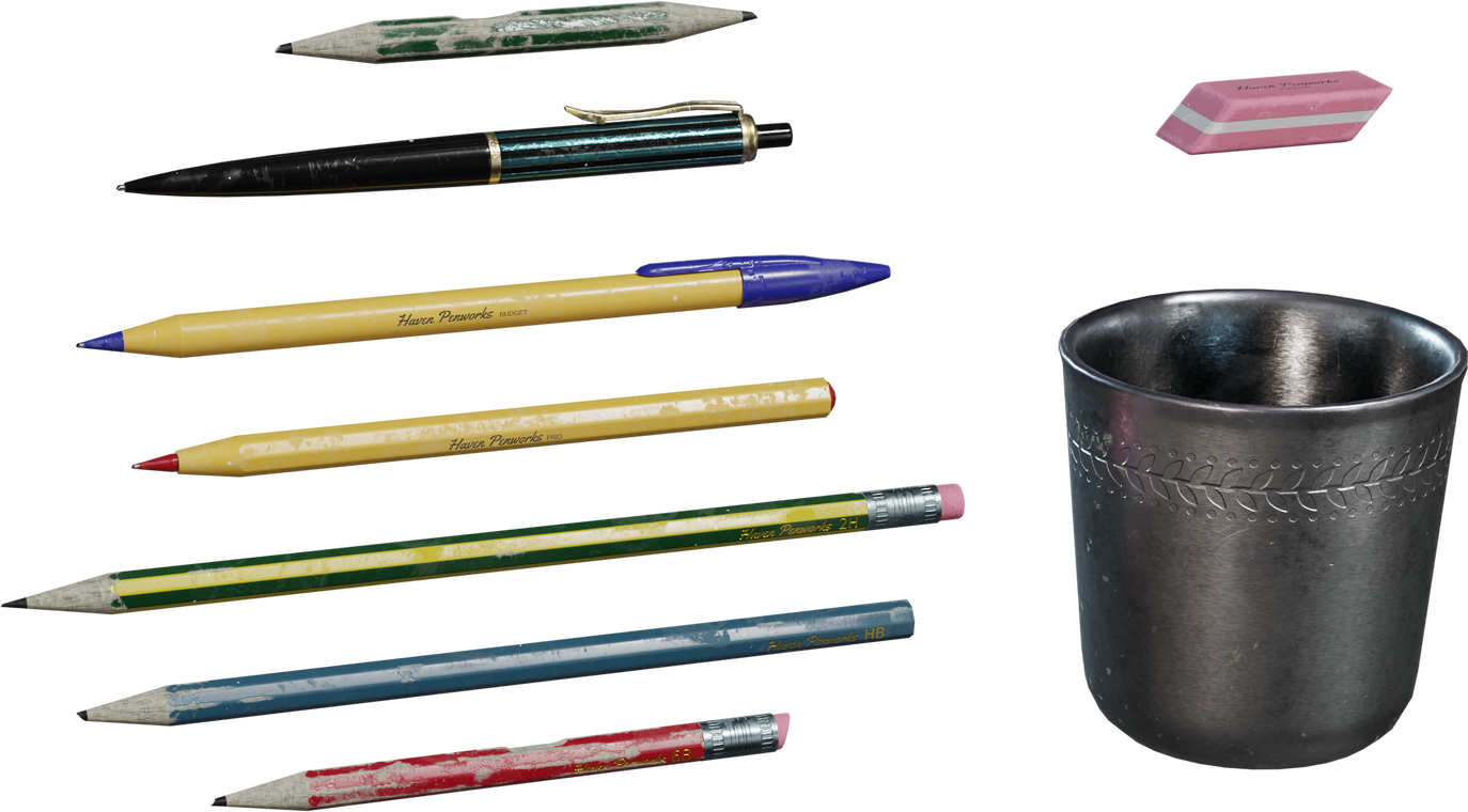 Free 4k model of assorted stationery: scuffed pens, colored and graphite pencils with worn paint, pink eraser and engraved metal cup, realistic and finely detailed props.
