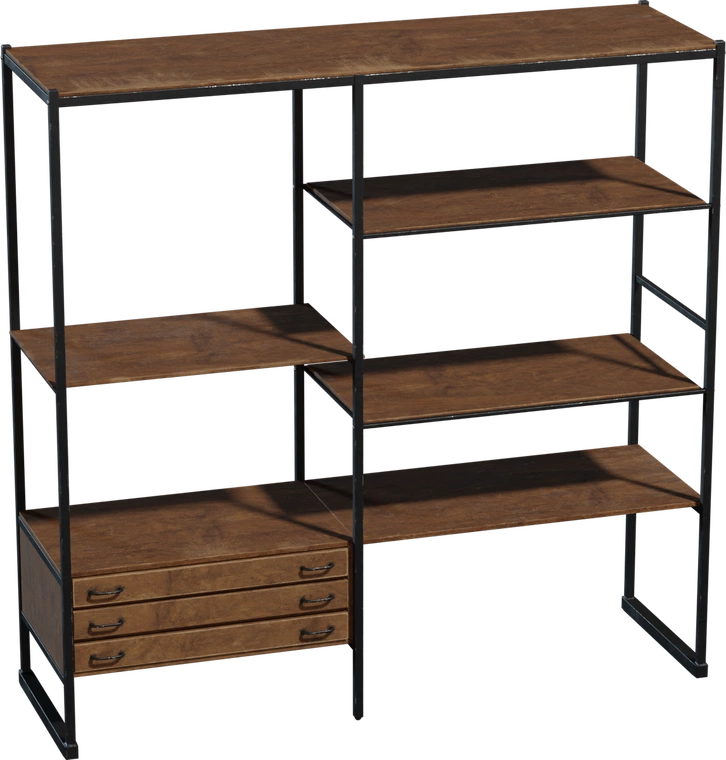 Free 4K steel-frame shelves with black metal frame, warm wood shelves and three drawers - contemporary, minimalist display with industrial character.