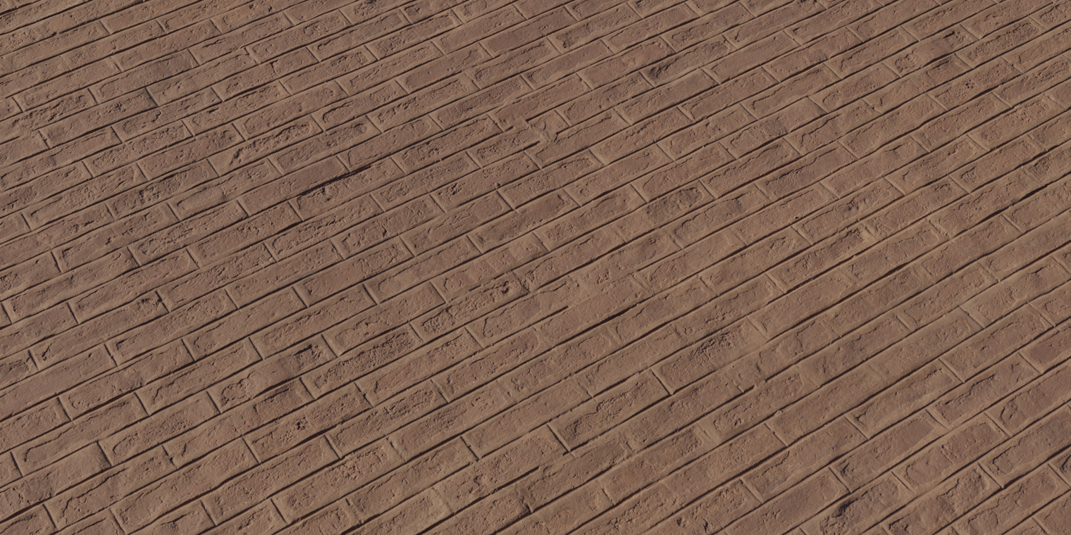 Free 16K texture of terracotta stenciled brick flooring with dry, scratched surfaces, worn-down edges and subtle cement grout relief.