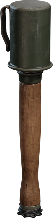 Free 4K model of a weathered stick grenade: olive metal head with loop, scuffed paint and dents, natural wood grip, detailed end cap and seams.