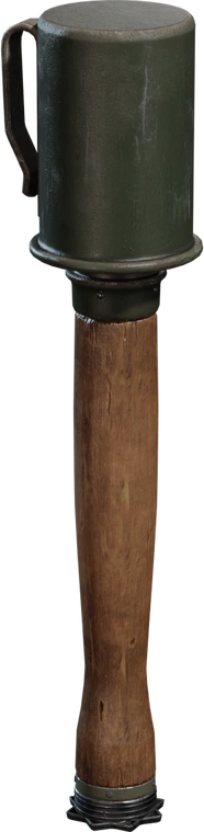 Free 4K model of a weathered stick grenade: olive metal head with loop, scuffed paint and dents, natural wood grip, detailed end cap and seams.