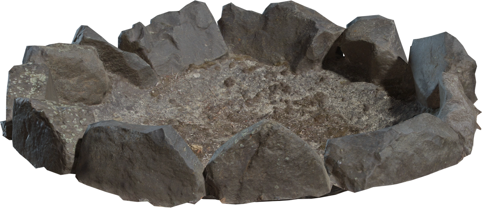 Free 4K model of a rustic, hand-assembled stone fire pit with irregular boulders, soot-darkened basin and lichen-dusted, weathered surfaces.