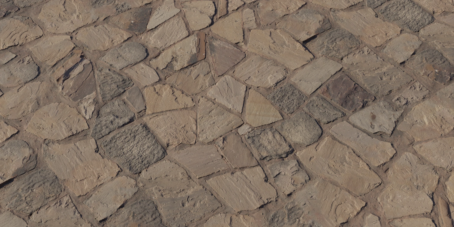 Free 8K texture: weathered brown stone pathway with irregular cracked slates, chipped edges, random discoloration and a rough, worn surface.