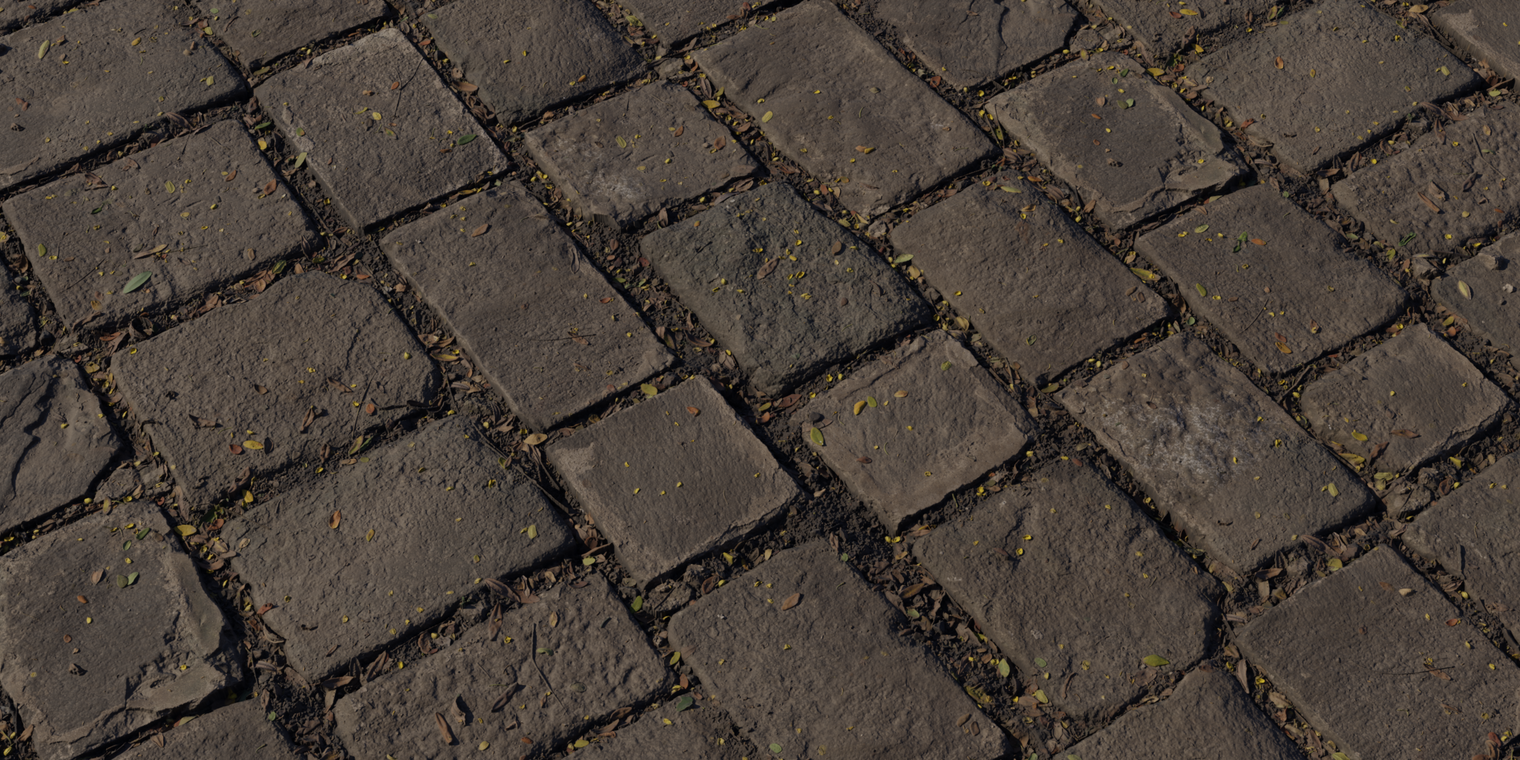 Free 8k material: weathered cobblestone pathway texture with rough, uneven stones, damp sheen, worn edges and scattered fallen leaves and plant debris.