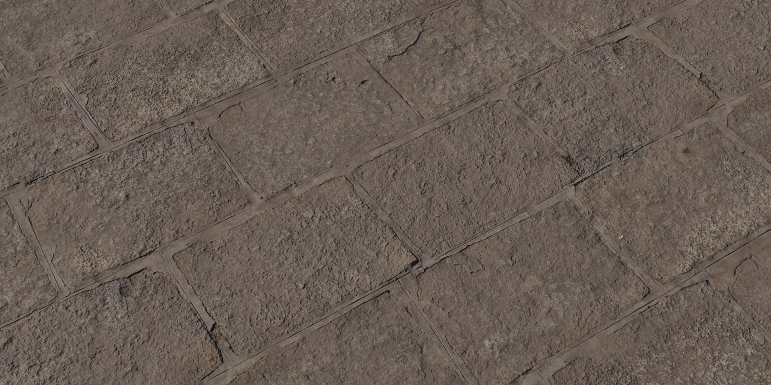 Free 16K stone pavers texture. Weathered concrete/stone blocks with coarse, rough surface, timeworn cracks, chipped edges and shallow mortar joints.