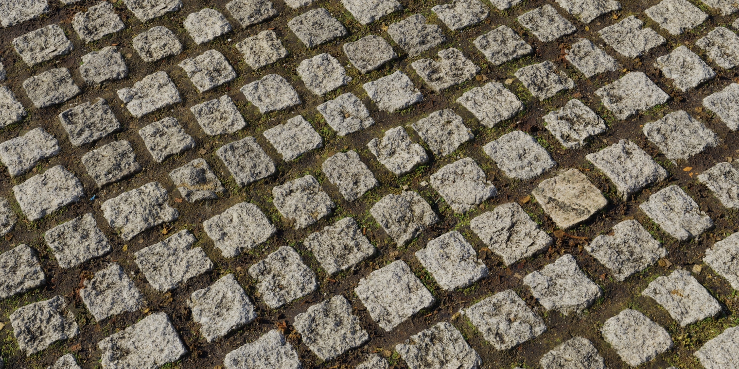 Free 8K texture of weathered stone tiles with rough, worn cobblestones, dirt and moss-filled joints, scattered leaf debris and gritty, aged surface detail.