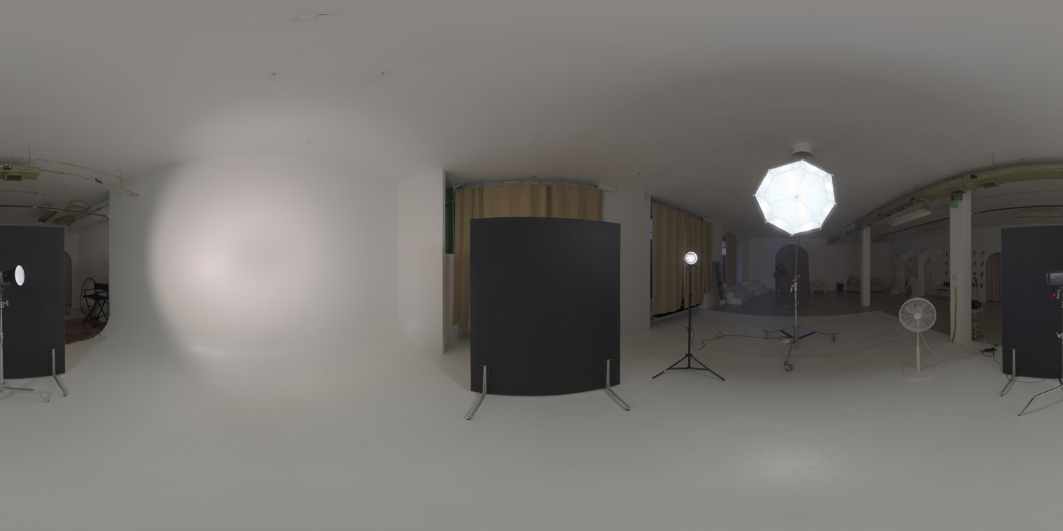 Free 20K HDRI, unclipped: clean white studio with umbrella softbox and lamp, medium-contrast artificial lighting ideal for product, portrait, and lookdev shots.