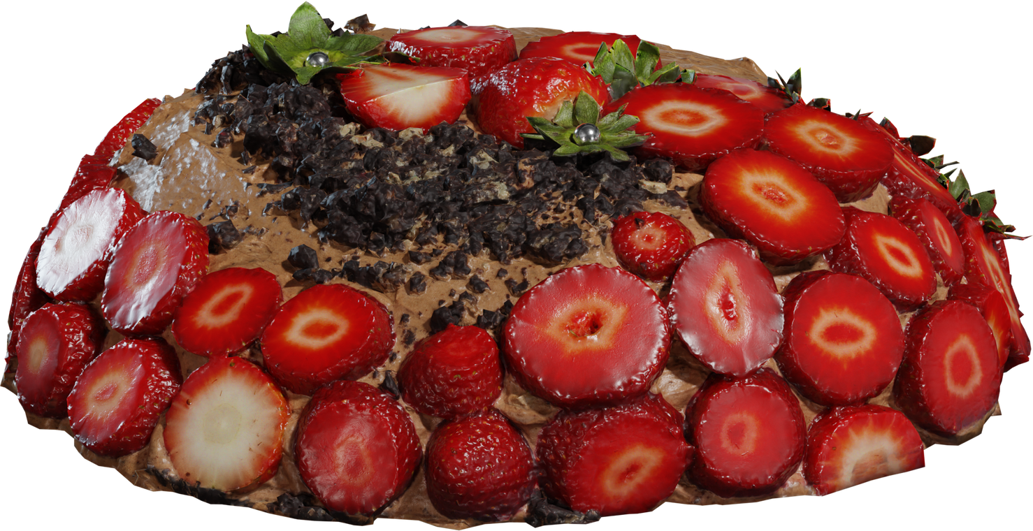 Free 8K model of a rustic chocolate cake topped with glossy strawberry slices and chocolate shavings. Rich texture and hand-made look.