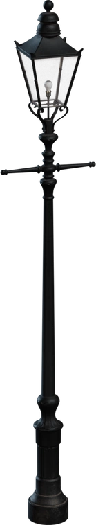 Free 8K model: ornate cast-iron street lamp with glass panes, exposed bulb, weathered black finish and detailed base, finial and mounting hardware.
