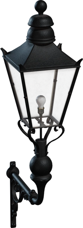 Free 8K wall-mounted Victorian street lamp with ornate wrought-iron bracket, textured dark metal, frosted glass panes and exposed bulb detail.