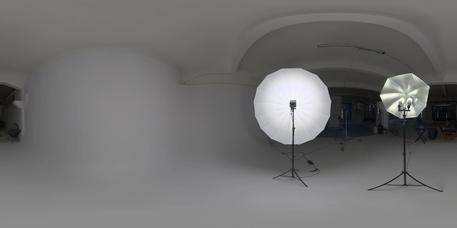 Free 20K unclipped HDRI: soft, low-contrast indoor studio lighting with umbrella lamps and reflectors; ideal for product, portrait and lookdev.
