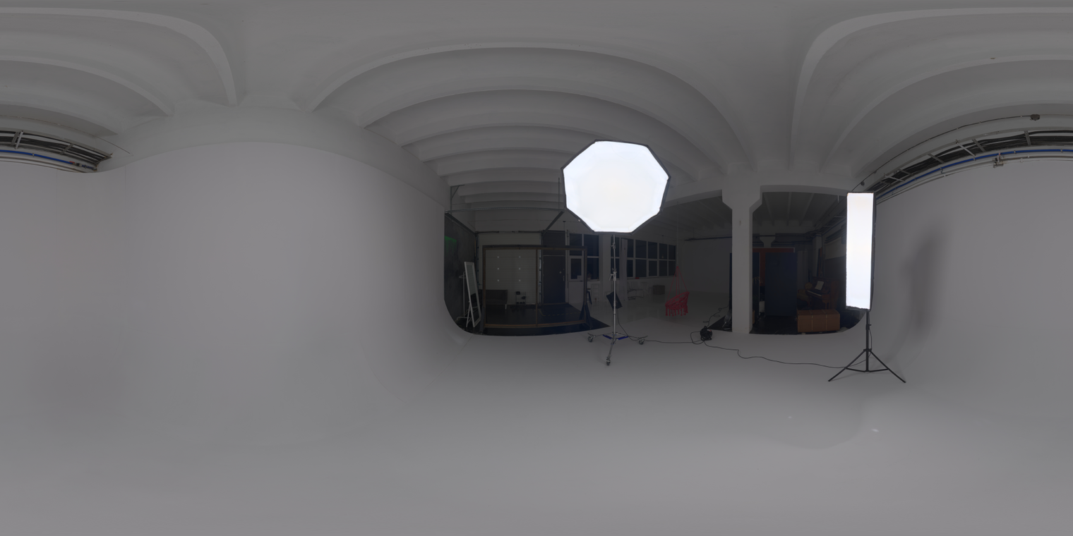 Free 20K unclipped HDRI with soft, low-contrast indoor studio lighting from octa and rectangular softbox, clean neutral backdrop for portraits & product renders.