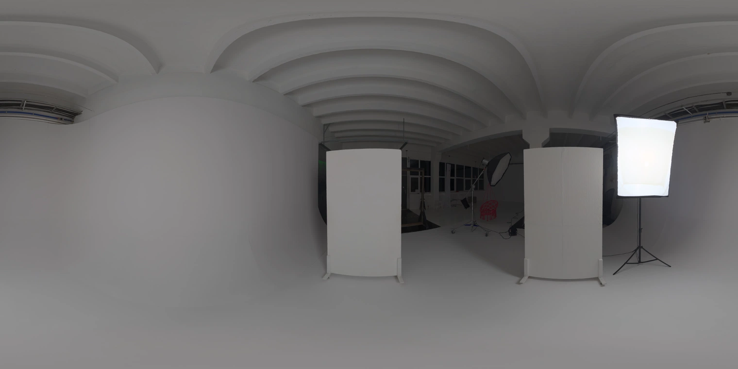 Free 20K HDRI (unclipped) - medium-contrast indoor studio with a rectangular softbox lamp and white infinity backdrop; ideal for product, portrait, and commercial studio renders.